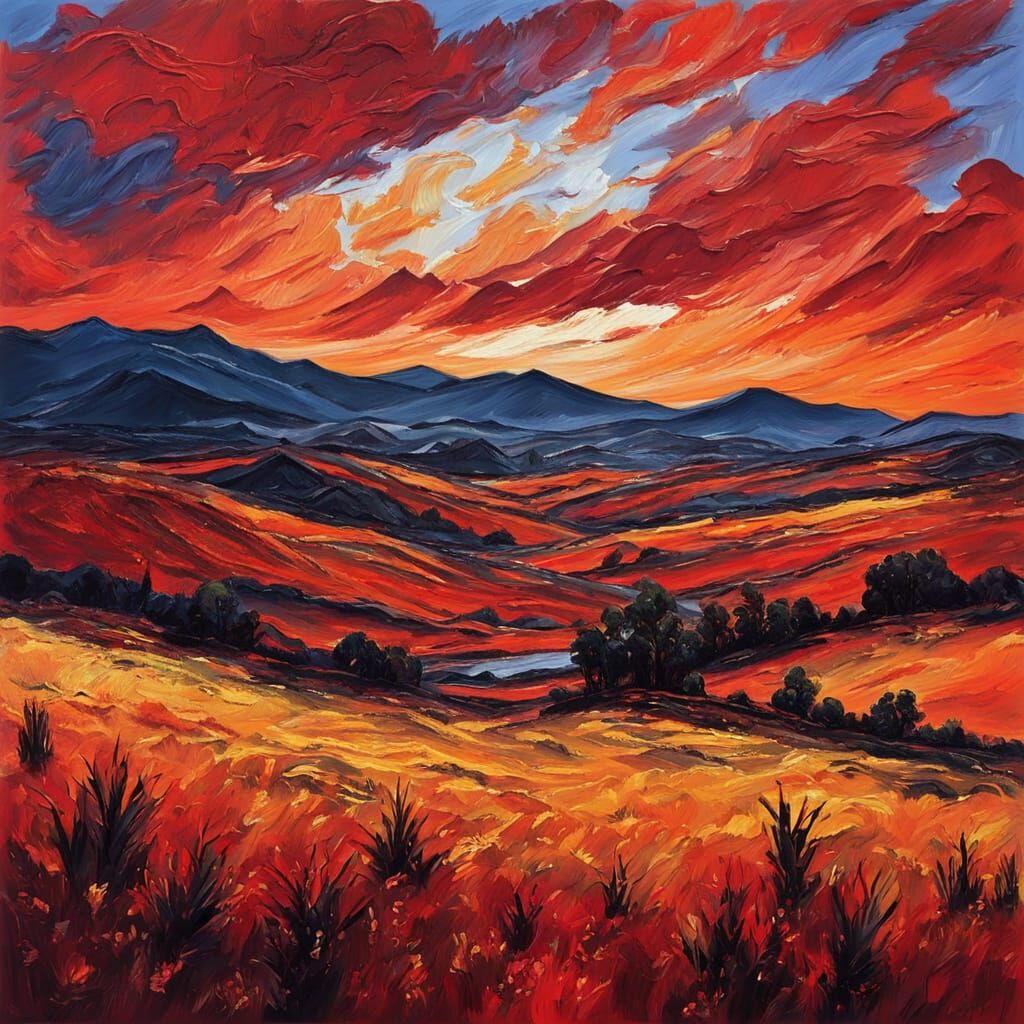 Dramatic Landscape with Red Sky as Impasto Painting