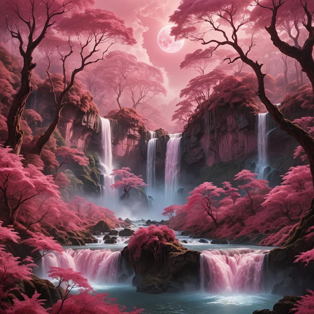 Glowing Pink Forest Waterfall in Digital Matte Painting