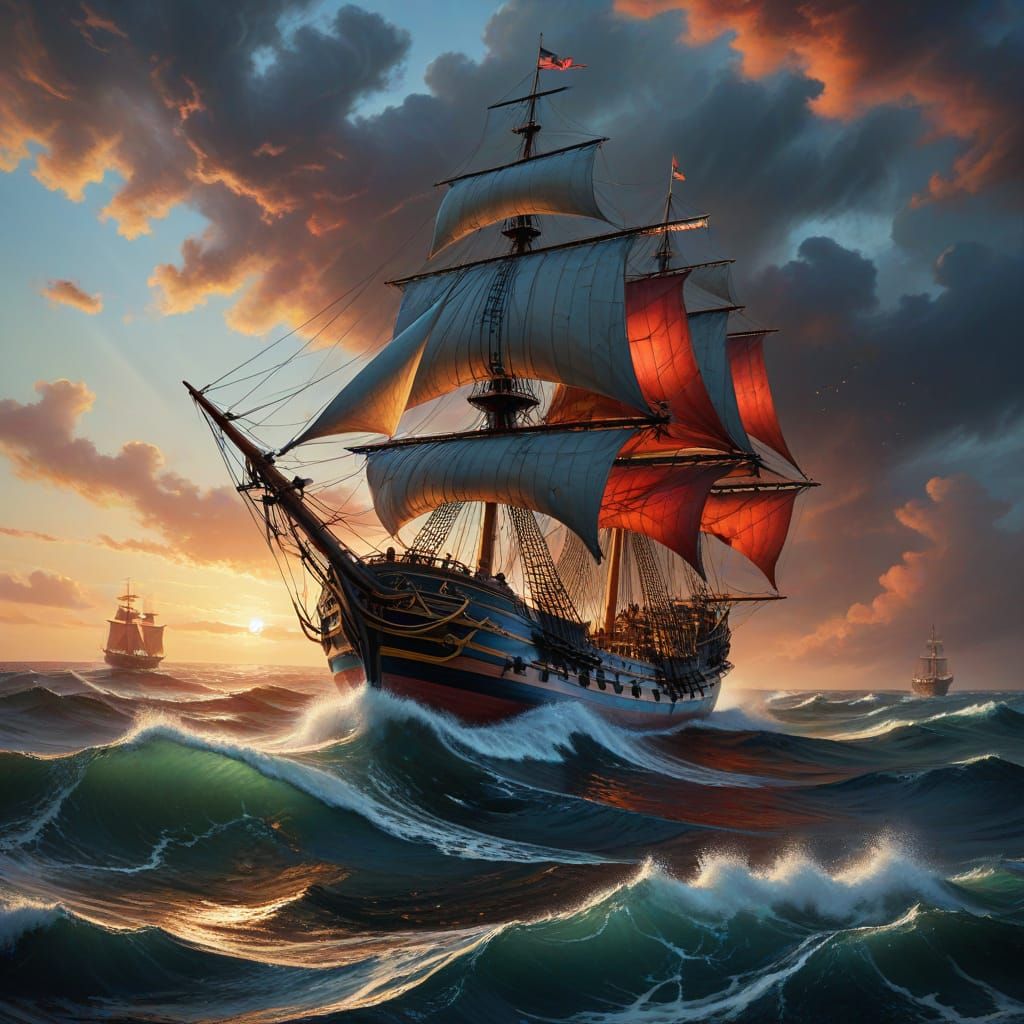 17th Century Galleon in Stormy Sunset Seas
