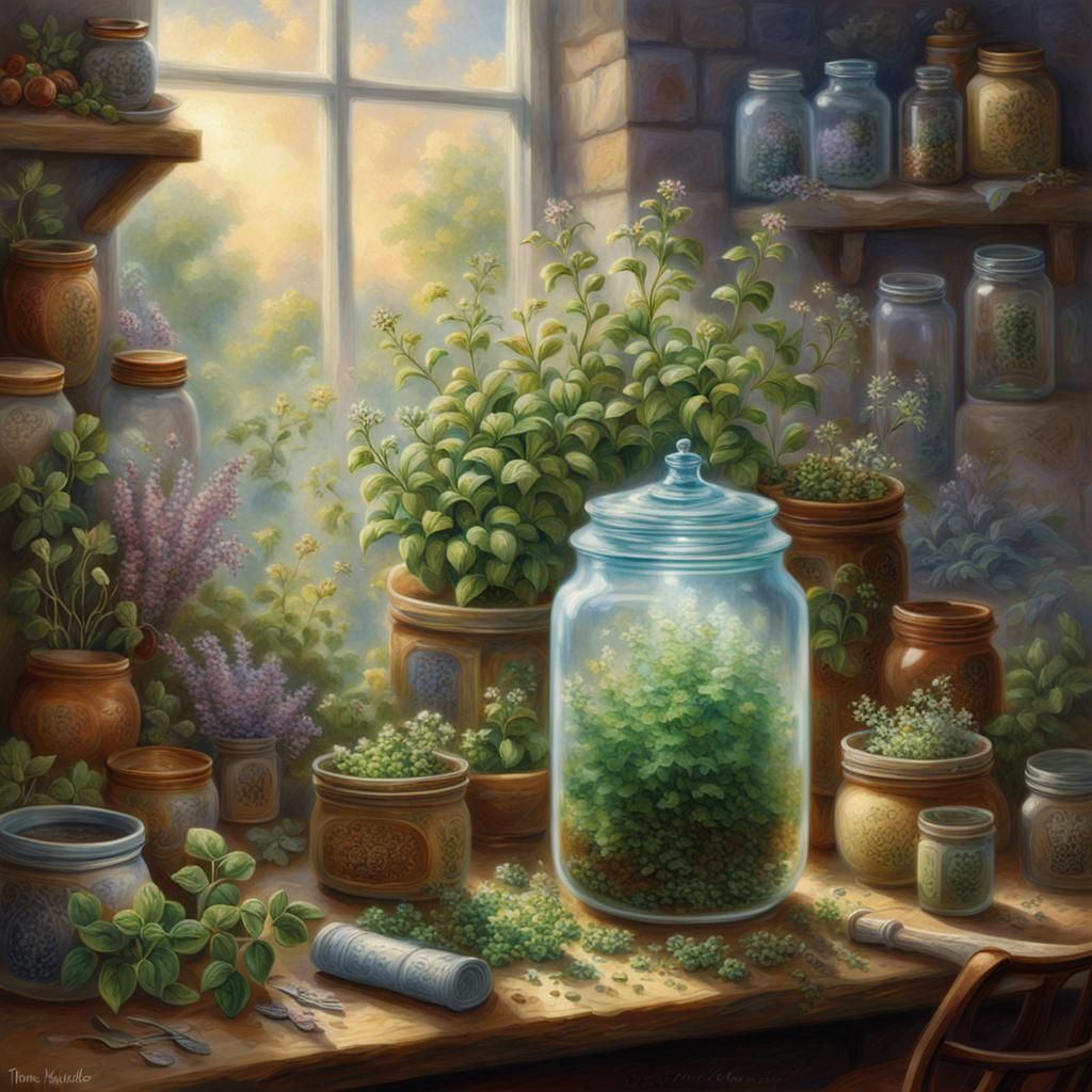 Ethereal Herbal Still Life in Hyperdetailed Style