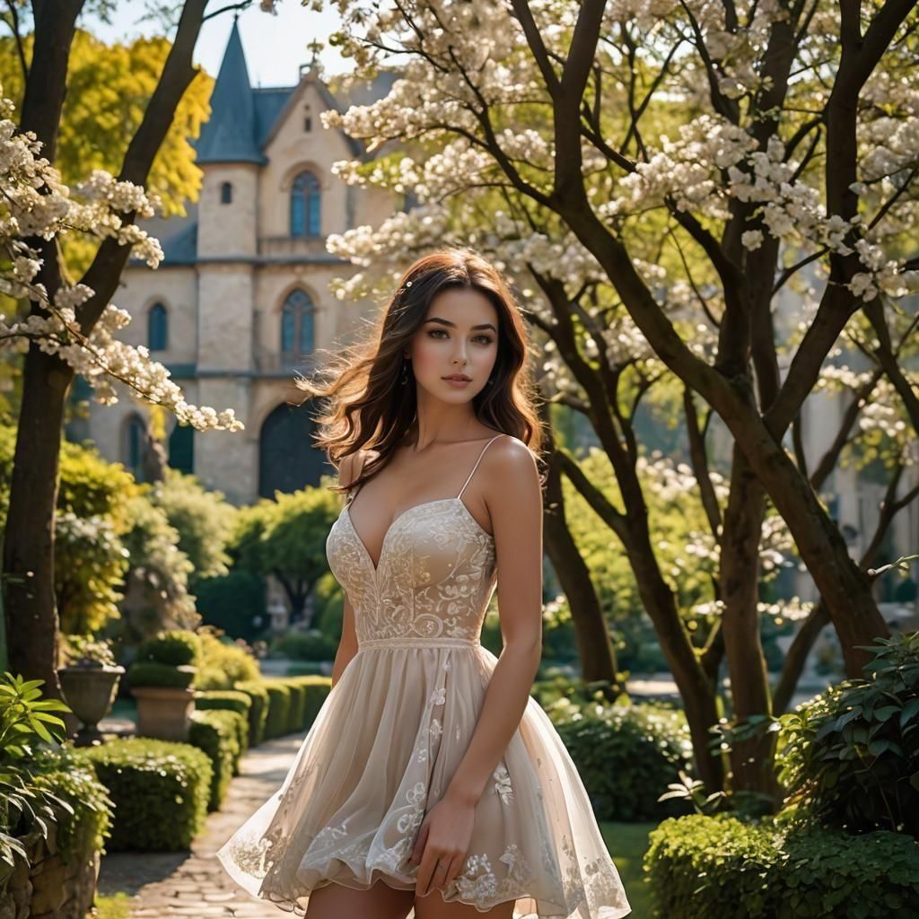 Brunette Beauty in Floral Garden, Hyperdetailed Art