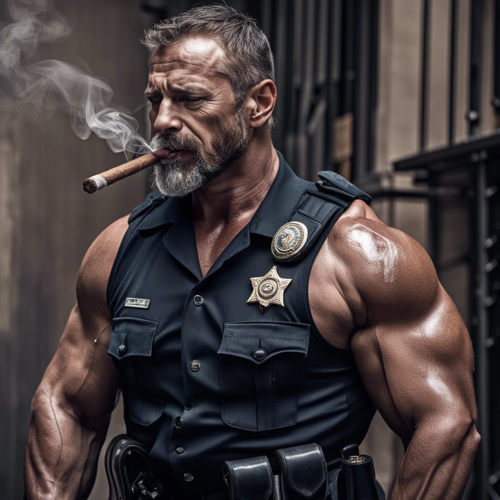 Muscular Policeman Smokes Cigar After Work