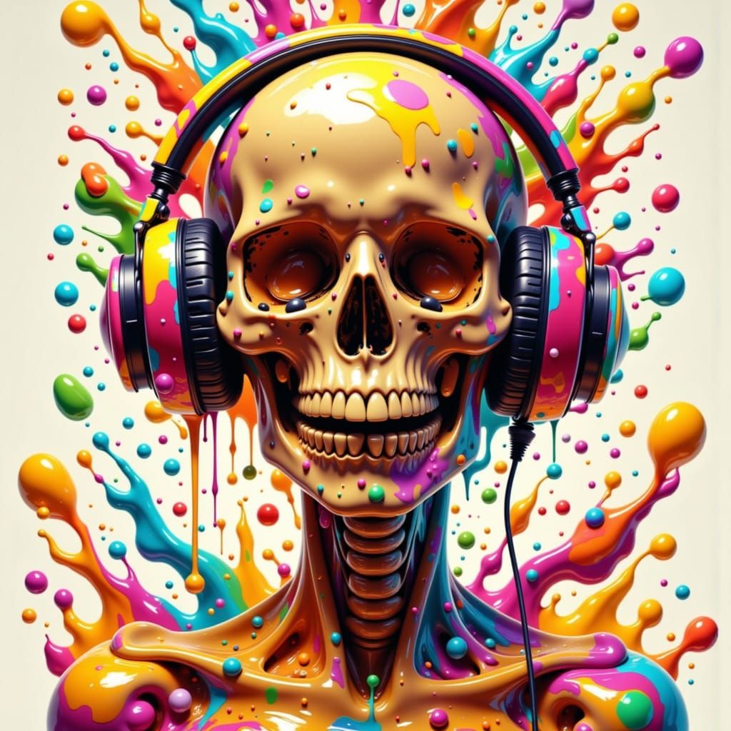 Boba Pearl Skull with Colorful Headphones in Digital Art Sty...