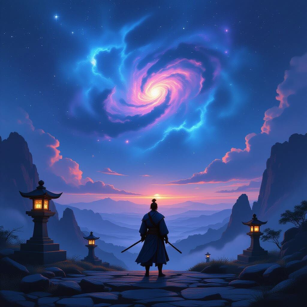 Samurai Gazes at Cosmic Nebula on Windswept Mesa