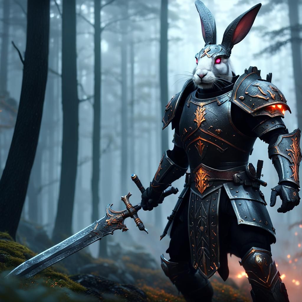 Rabbit Knight in Misty Forest: Fantasy Concept Art