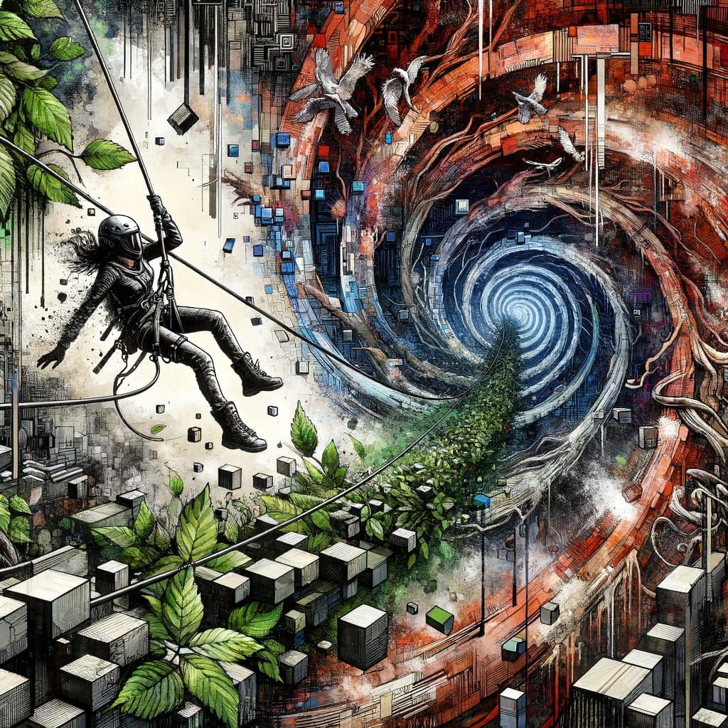 Zipliner Diving into Pixelated Jungle Vortex