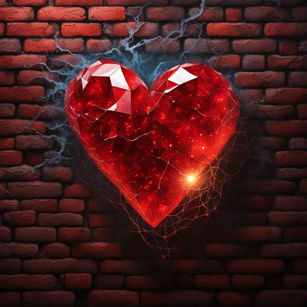 Red Crystal Heart Emerges from Brick Wall