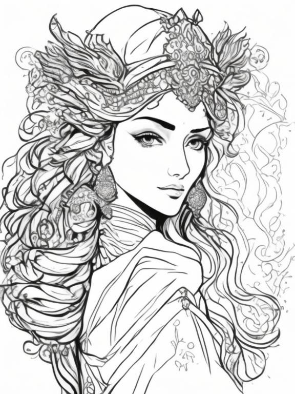 Moroccan Princess Portrait in Art Nouveau Pencil Sketch
