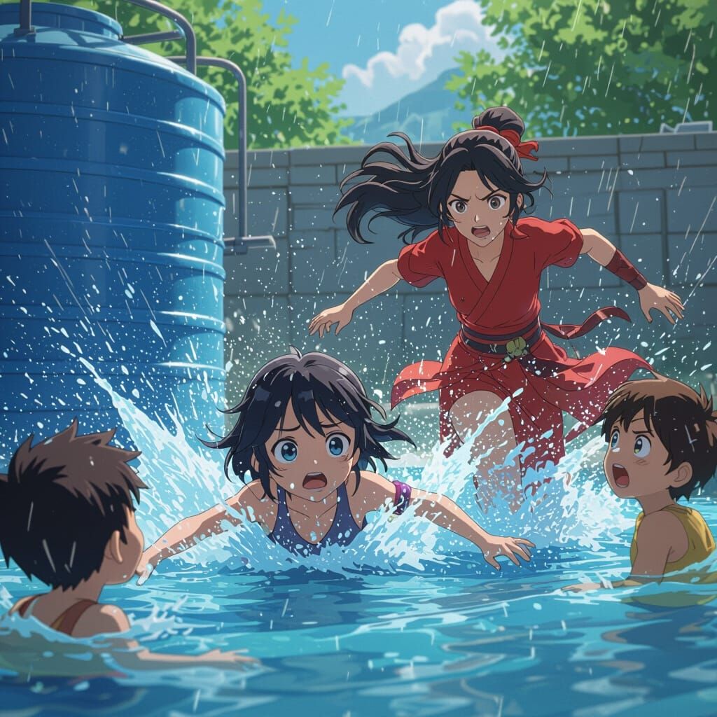 Dramatic Anime Scene: Girl Falls into Water Tank