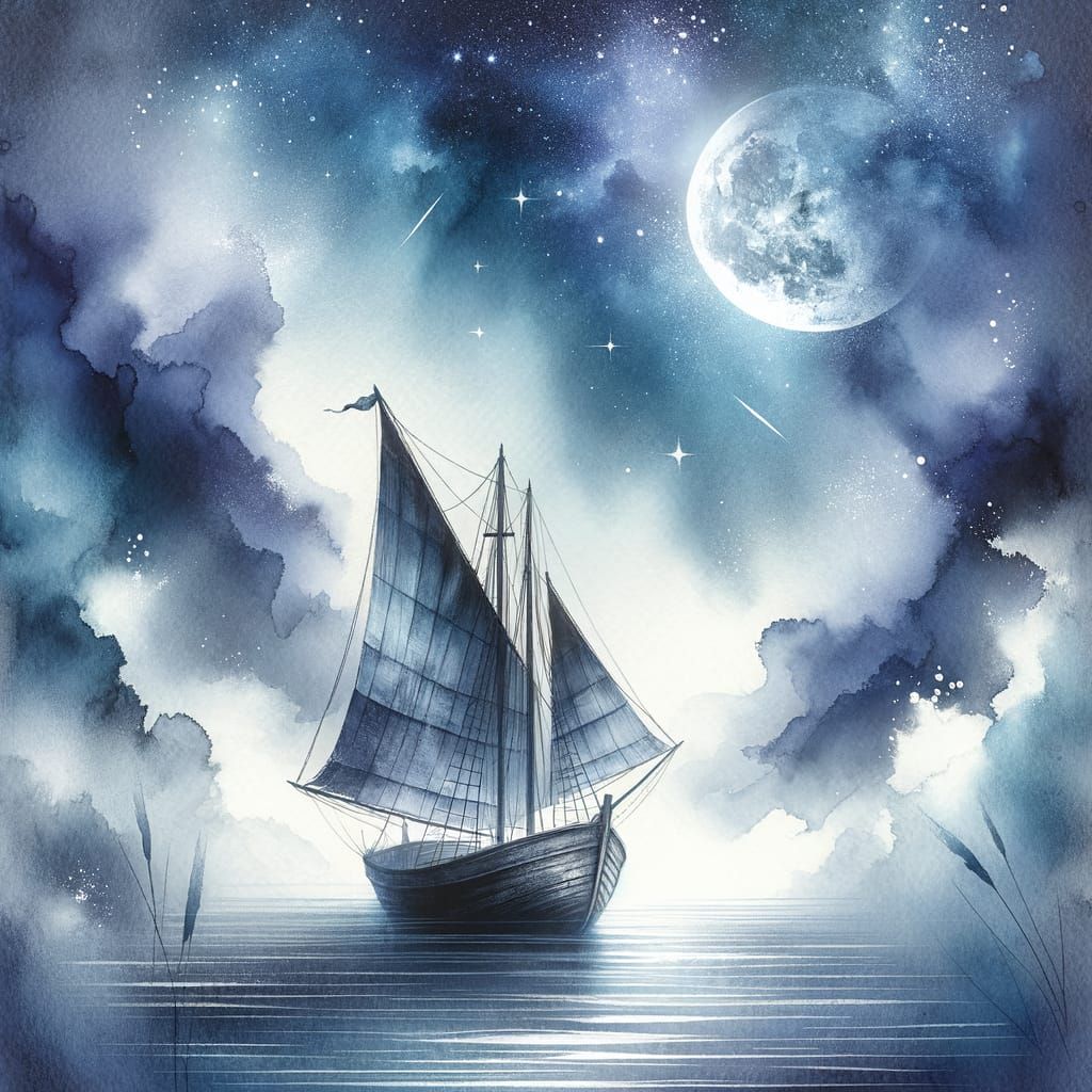 Tranquil Boat Under Starry Sky in Watercolor Style
