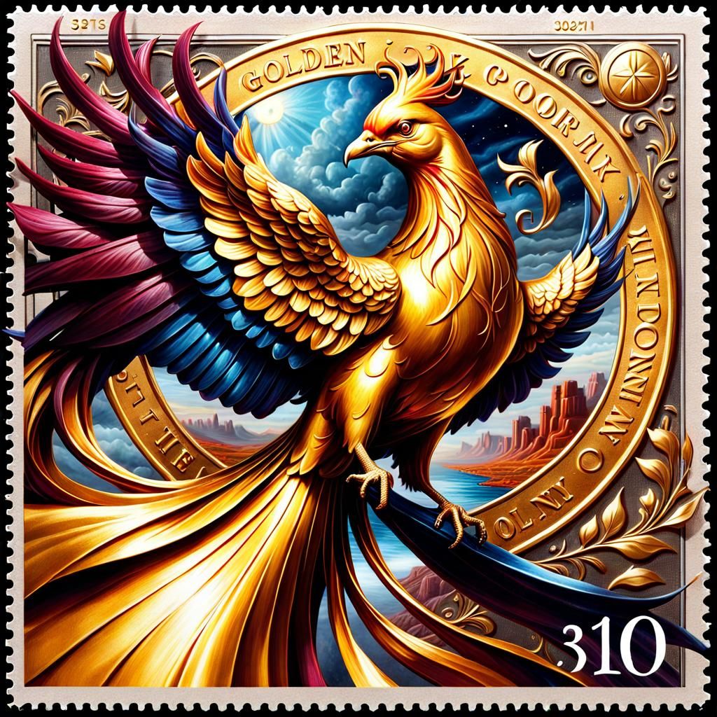 Golden Phoenix Bird on Postage Stamp
