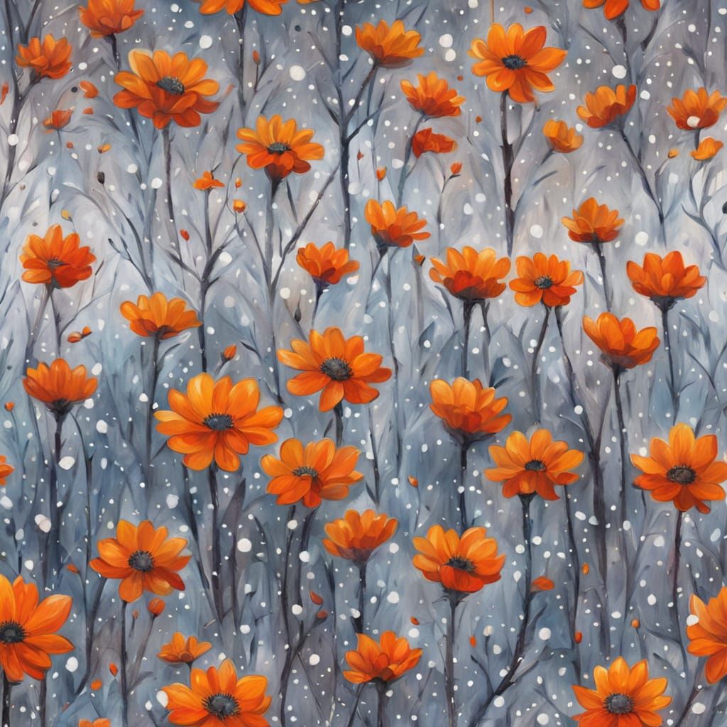 Surreal Winter Landscape with Withering Orange Flowers