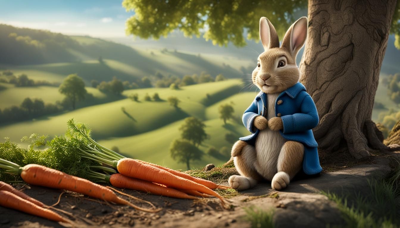 Peter Rabbit Overlooking Romantic Landscape in Natural Light