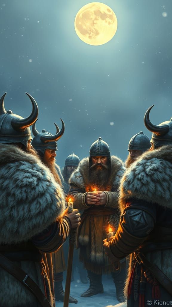 Viking Clan Swears Oath Under Moonlit Snow in Fantasy Art