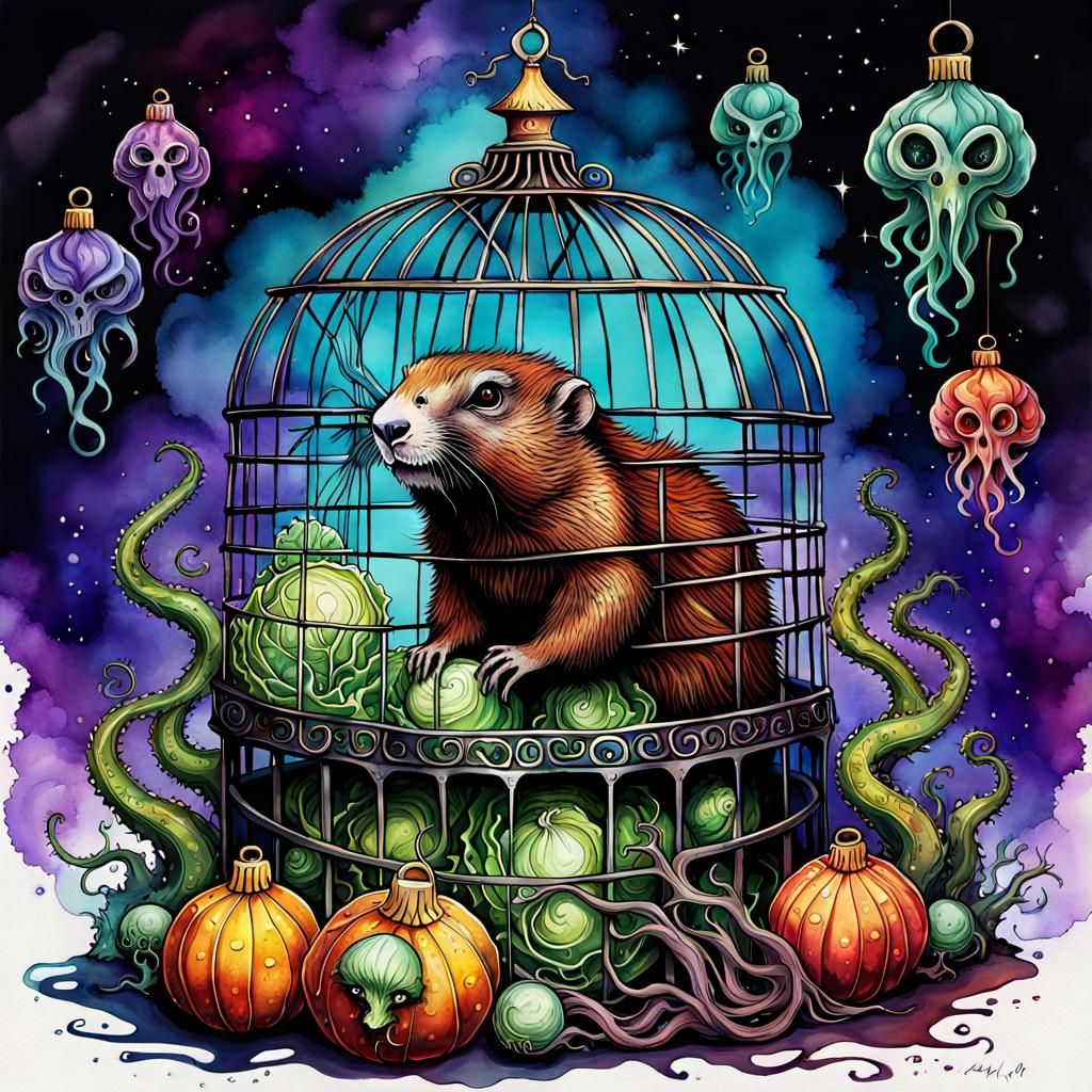 Sinister Queen Marmot in Lovecraftian Horror Scene