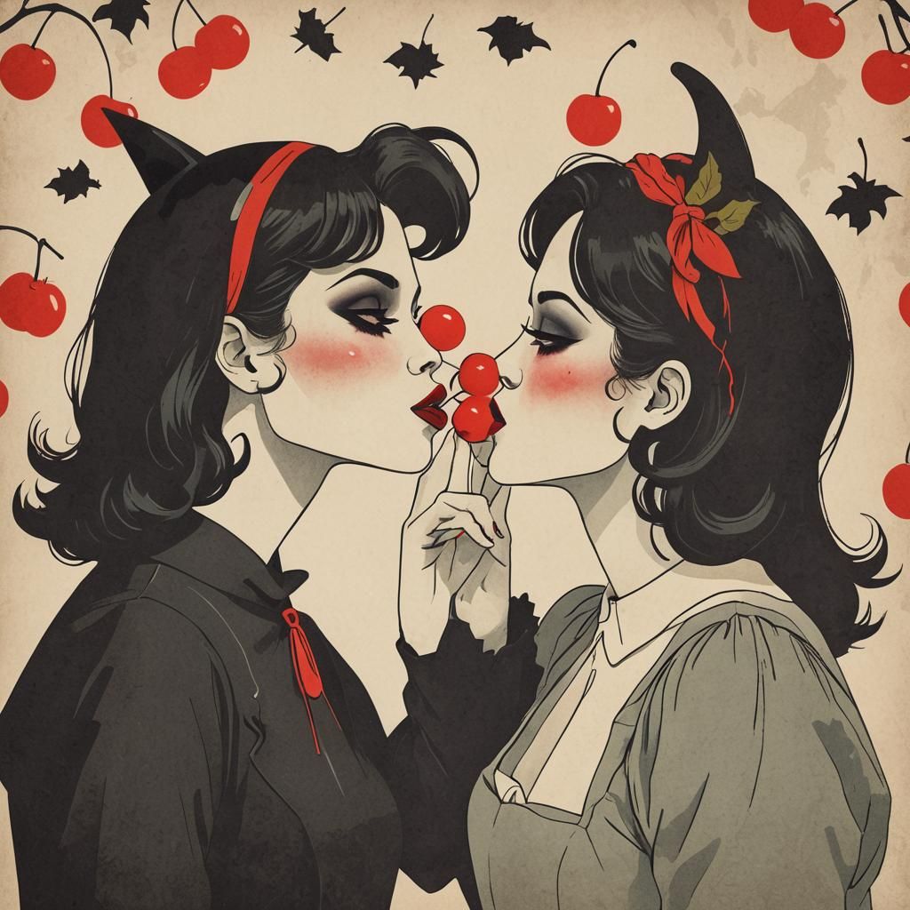Retro Halloween: Girls in Costume Kissing