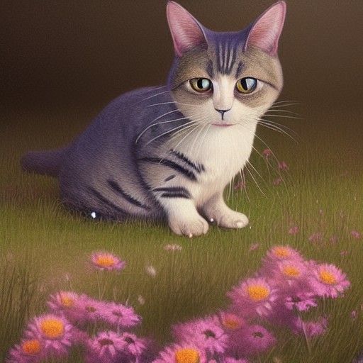 Charming Cat in Meadow: Artgerm-Inspired Digital Painting
