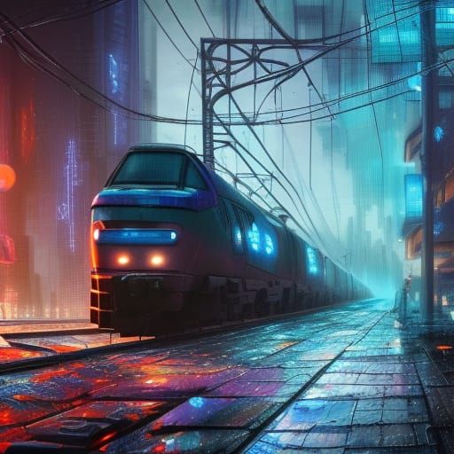Cyberpunk Train in Post-Apocalyptic Cityscape