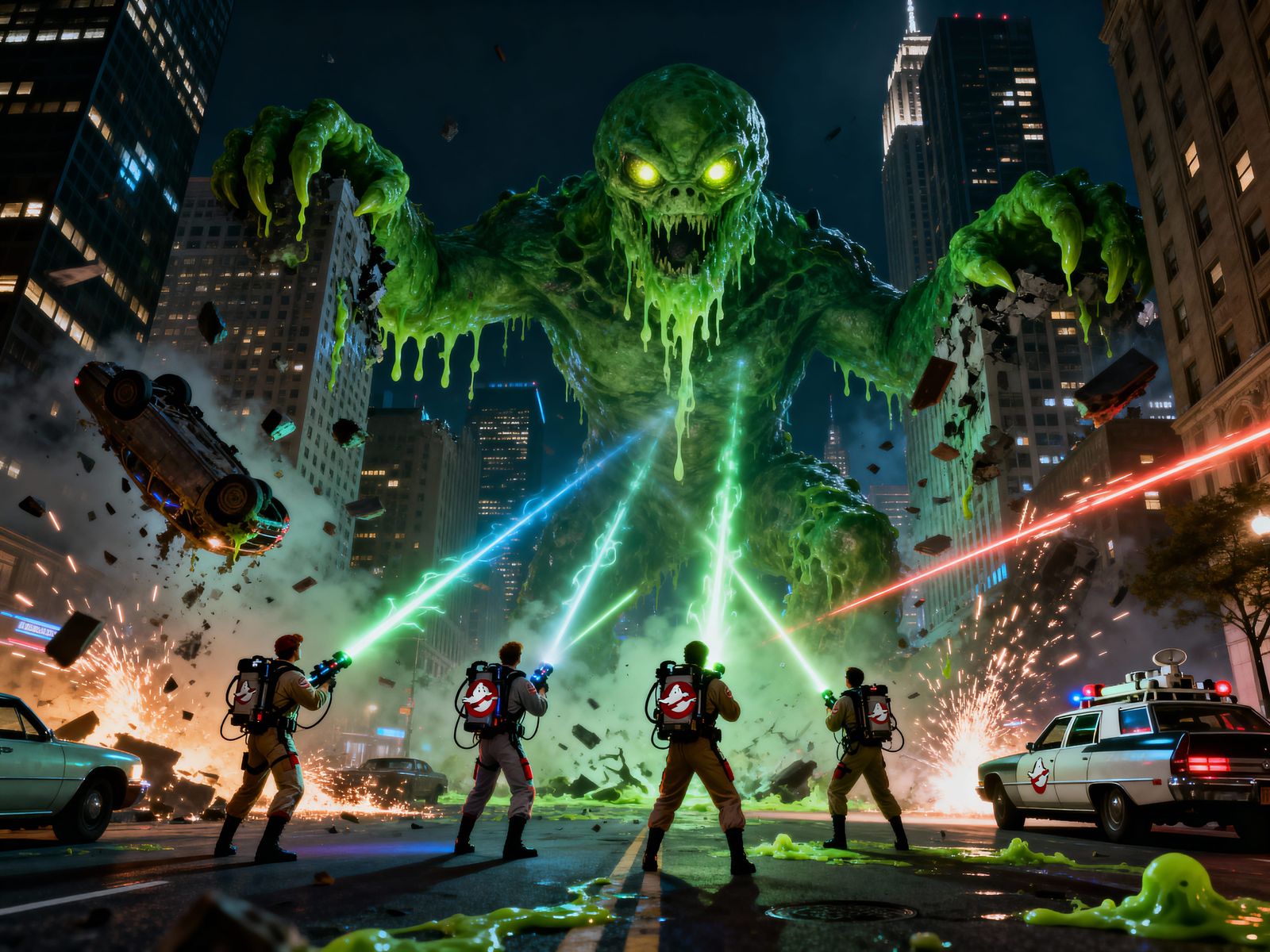 Ghostbusters Battle Giant Slime Monster in City Night