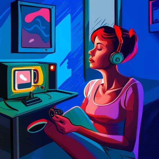 Redhead Girl Playing 80s Games in Retrowave Style