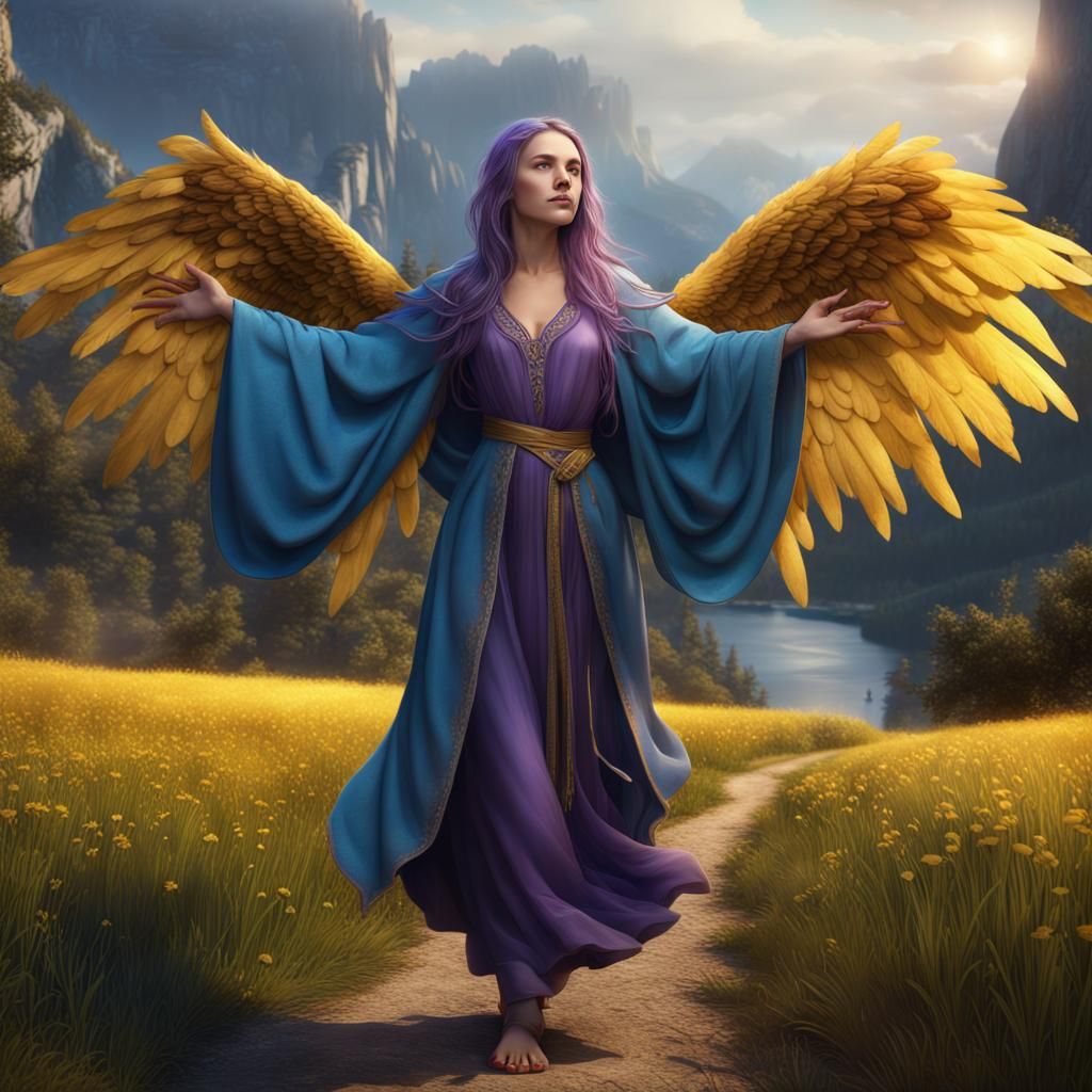 Girl in Purple Robe with Angel Wings by Blue Lake