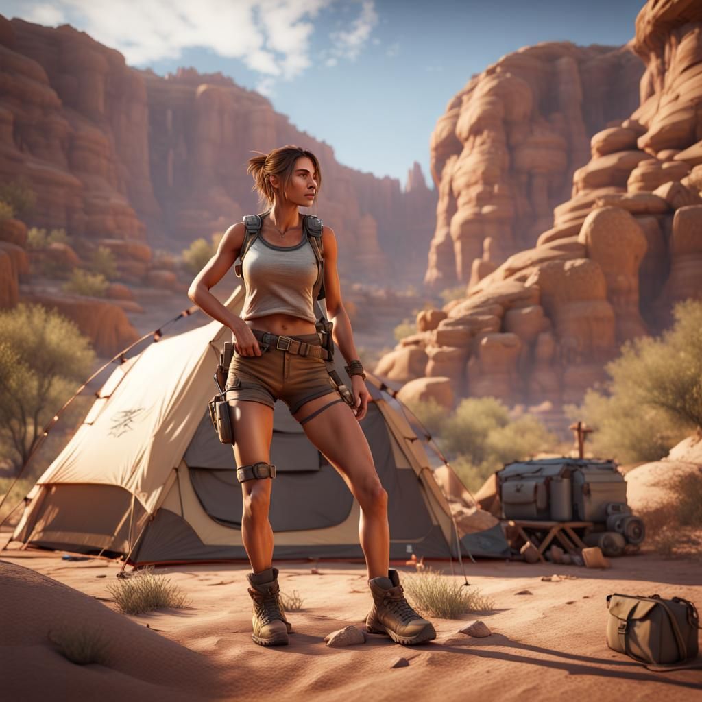 Woman Camping in Desert Canyon: 3D Game Cinematic