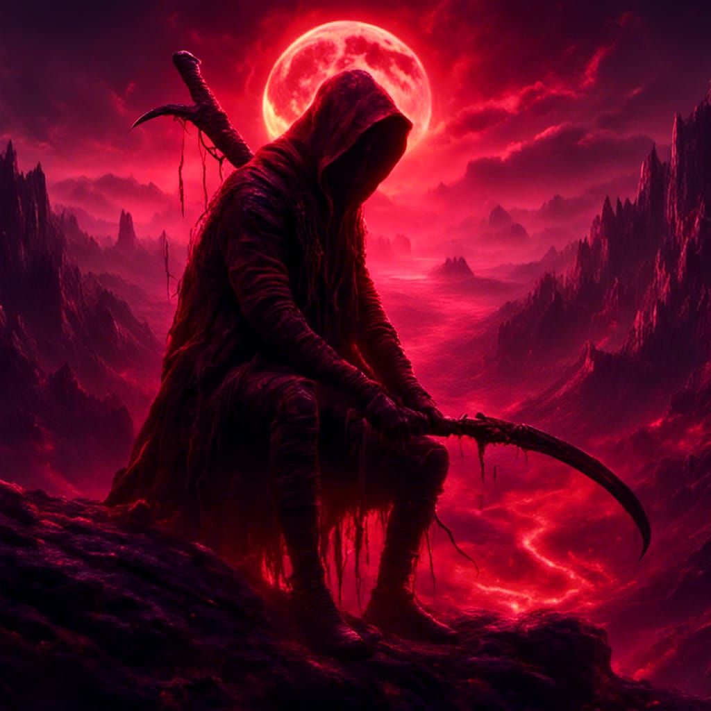 Figure with Scythe on Cliff at Sunset