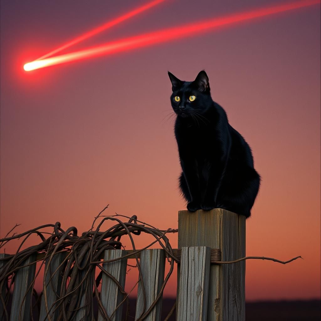 Black Cat Observes Comet Trail in Cinematic Style