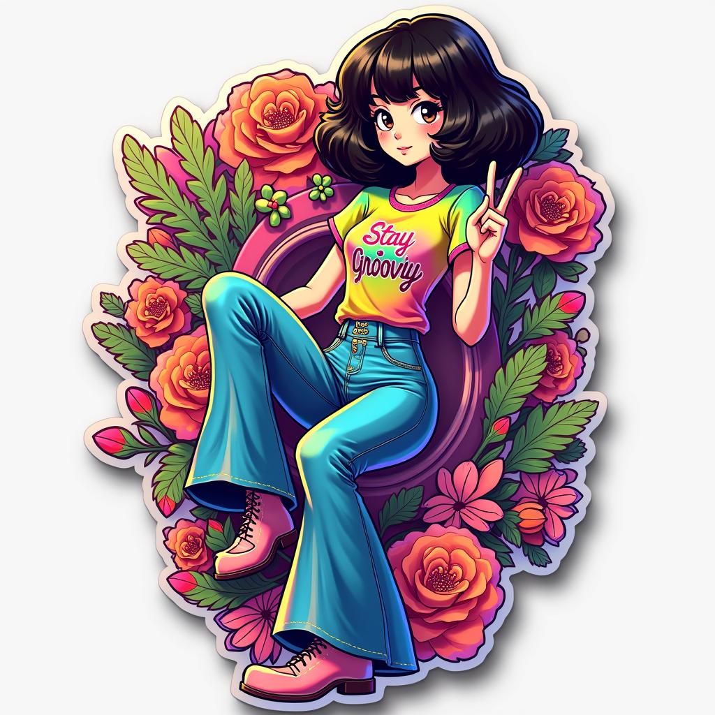 Retro Anime Girl Sticker in 70s Style