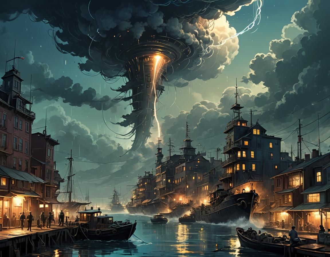 Bioluminescent Steampunk Seascape Tornado in Anime Style