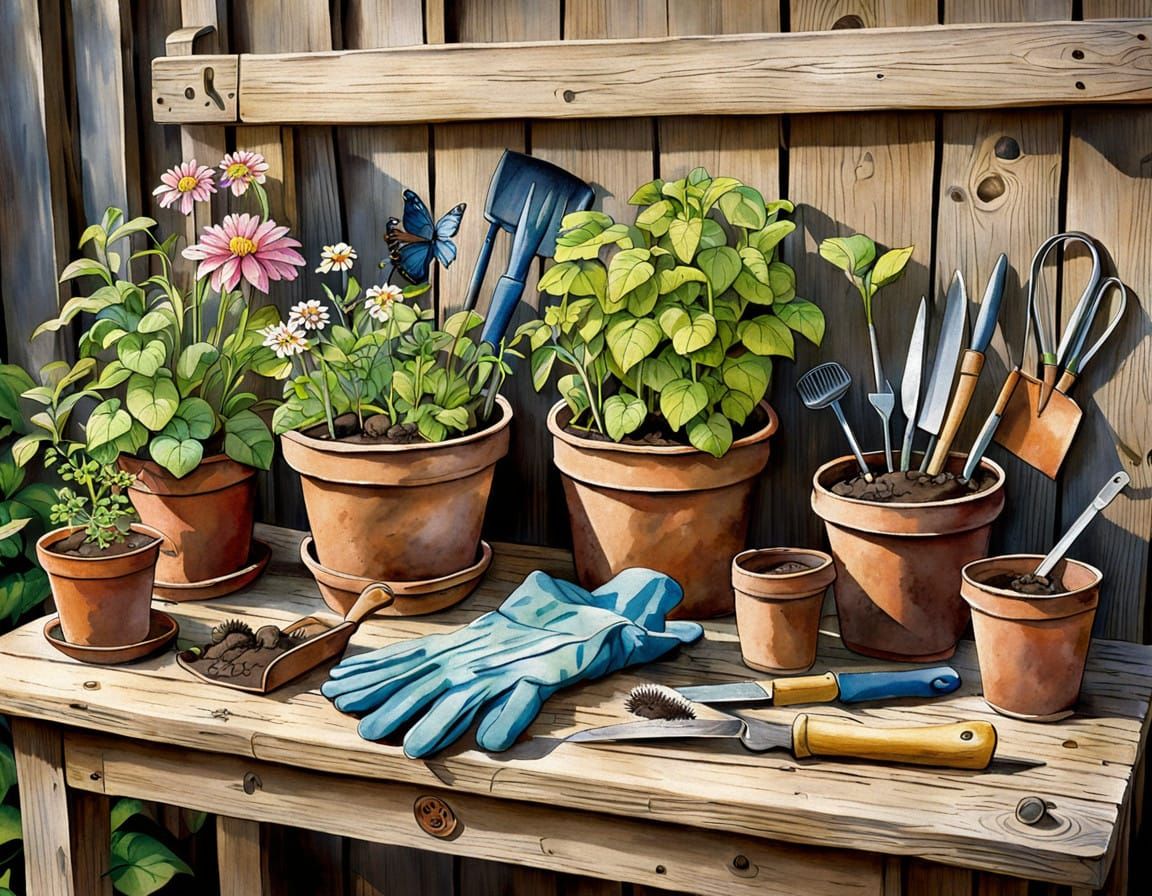 Watercolor Garden Scene with Tools and Blooming Life