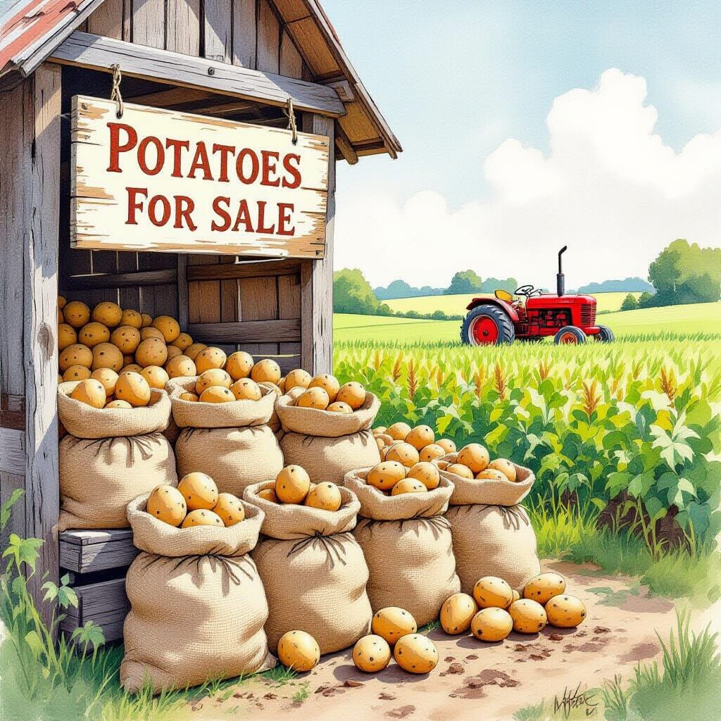 Rustic Potato Stand in Watercolor Pencil Sketch