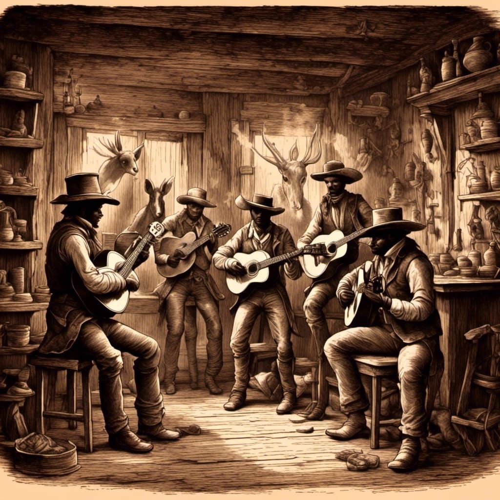Guitar Players in Old Western Saloon, Sepia Tin Type