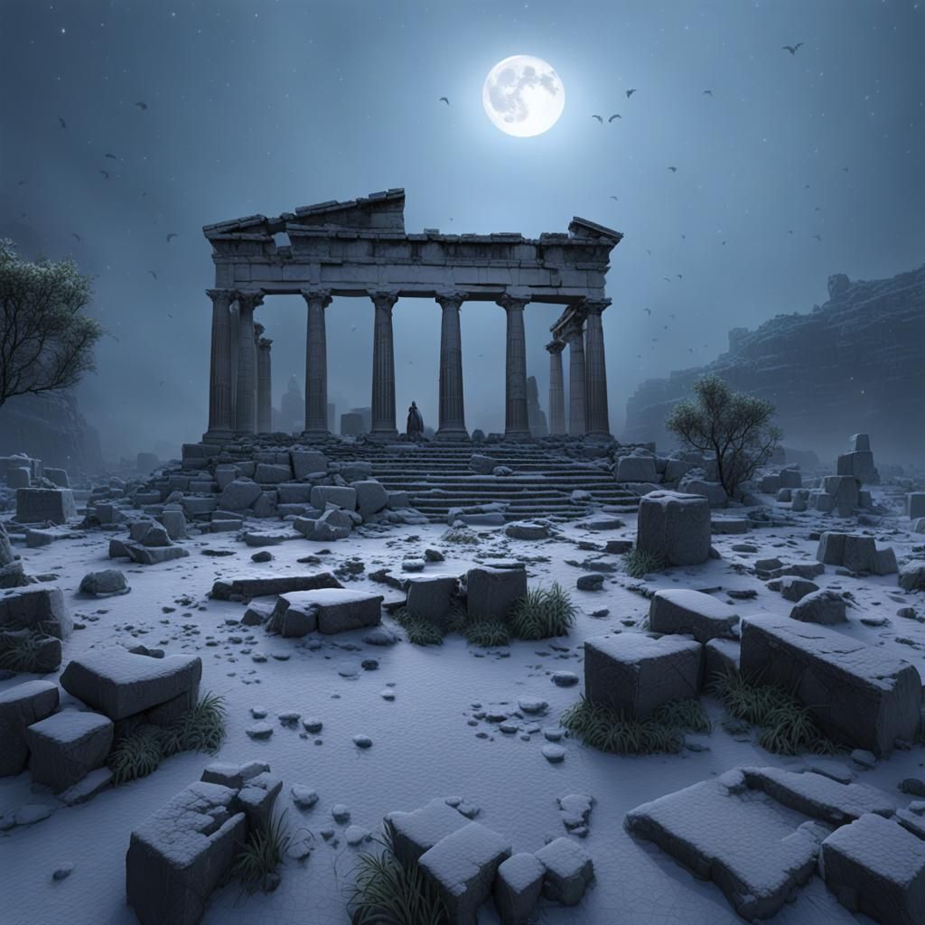 Snowy Ruined Acropolis at Night in Photorealistic Style