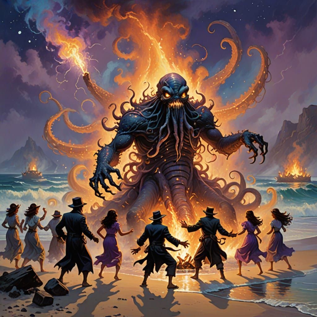 Lovecraftian Creatures Dancing Around Bonfire in Fantasy Sty...