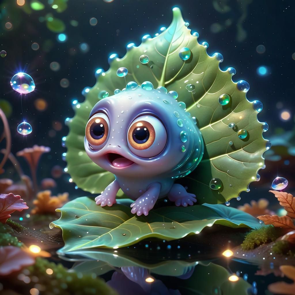 Pixar Style Amoeba Eating Leaf with Sparkles