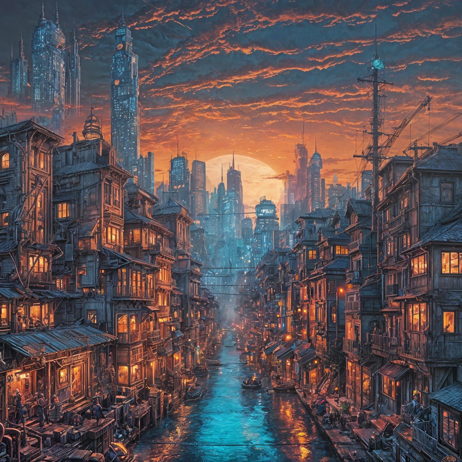 Epic Dystopian Metropolis in Vibrant Blues and Oranges
