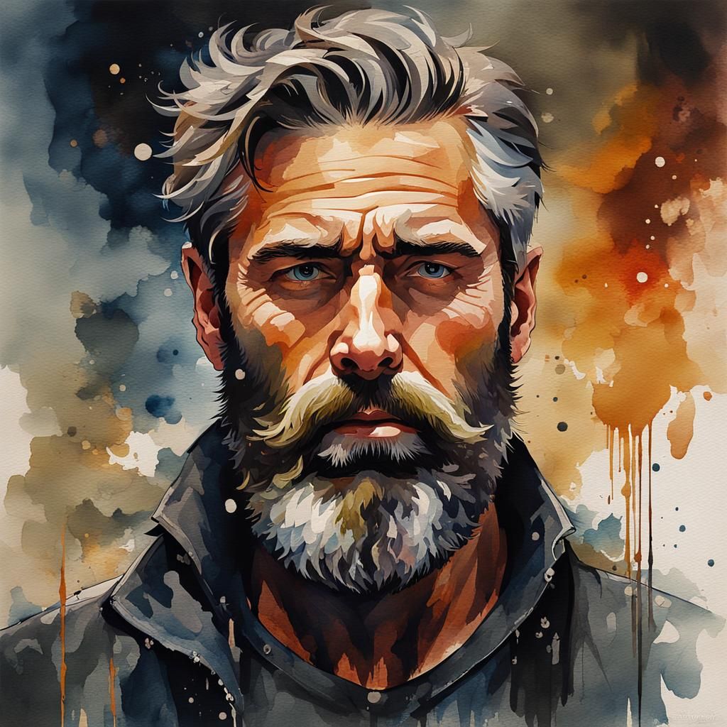 Weathered Man Portrait in Watercolor Style