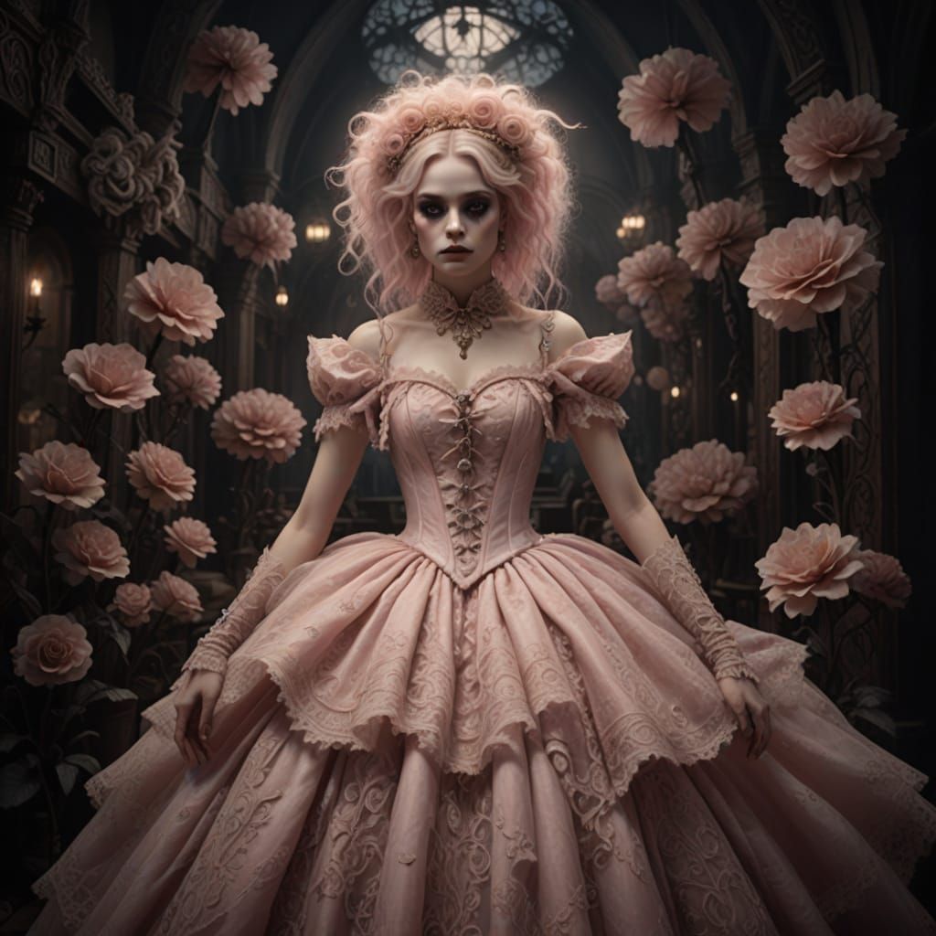 Gothic Carnival Digital Matte Painting with Woman in Lace Dr...