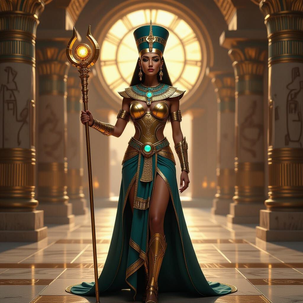 Futuristic Nefertiti in Golden Egyptian Temple Hall