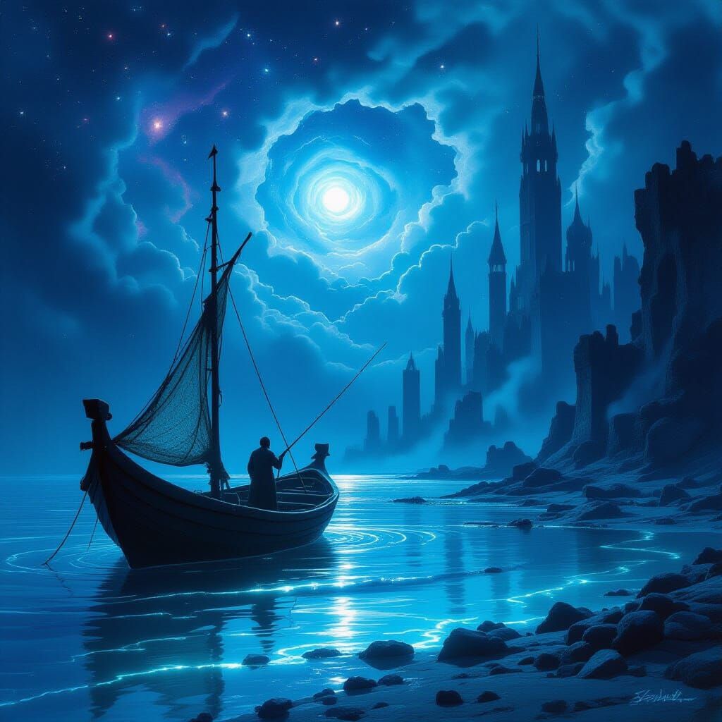 Fisherman on Alien Sea Under Galactic Sky in Dark Fantasy St...