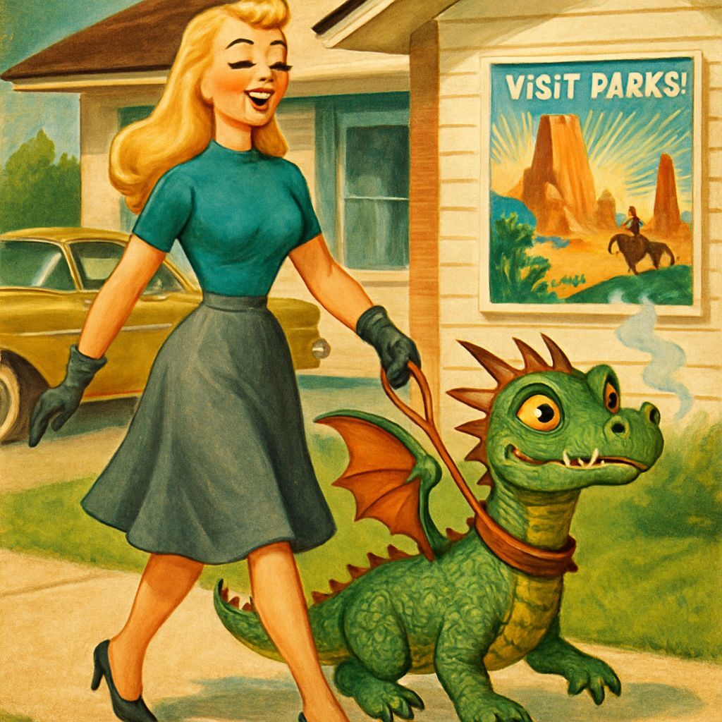 Woman Walks Pet Dragon in 1950s Retrofuturistic Scene