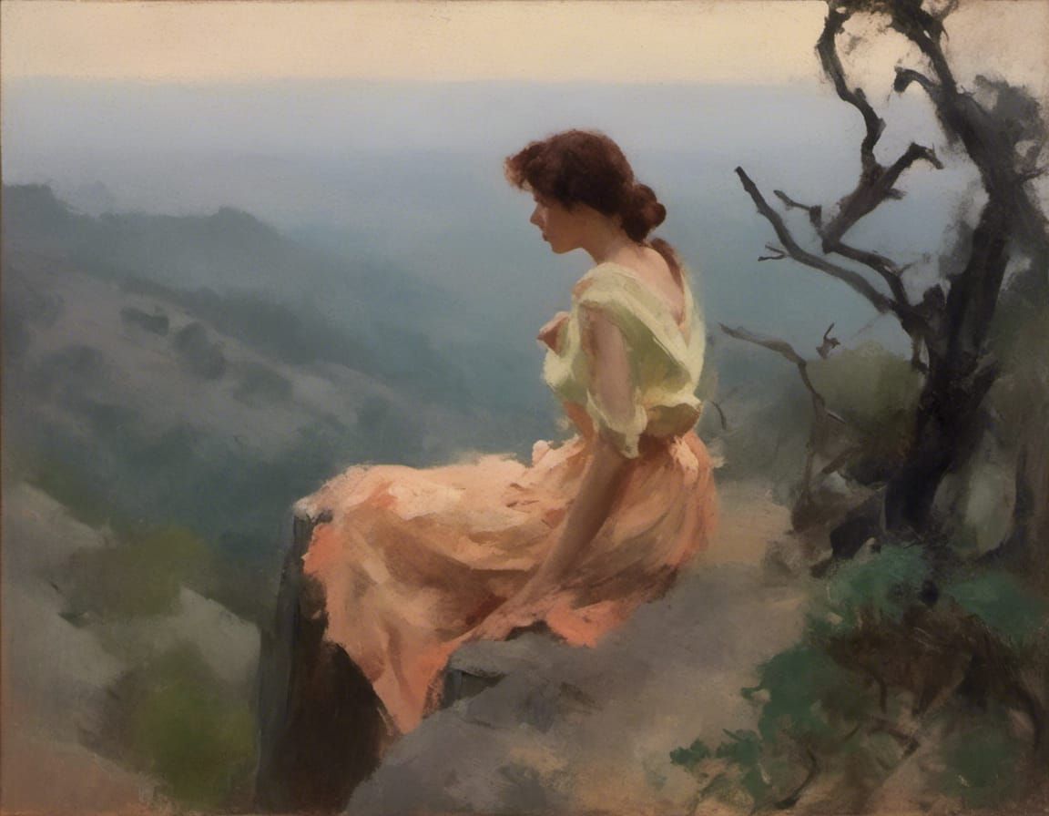 Tonalist Portrait of a Woman Overlooking Misty Vista