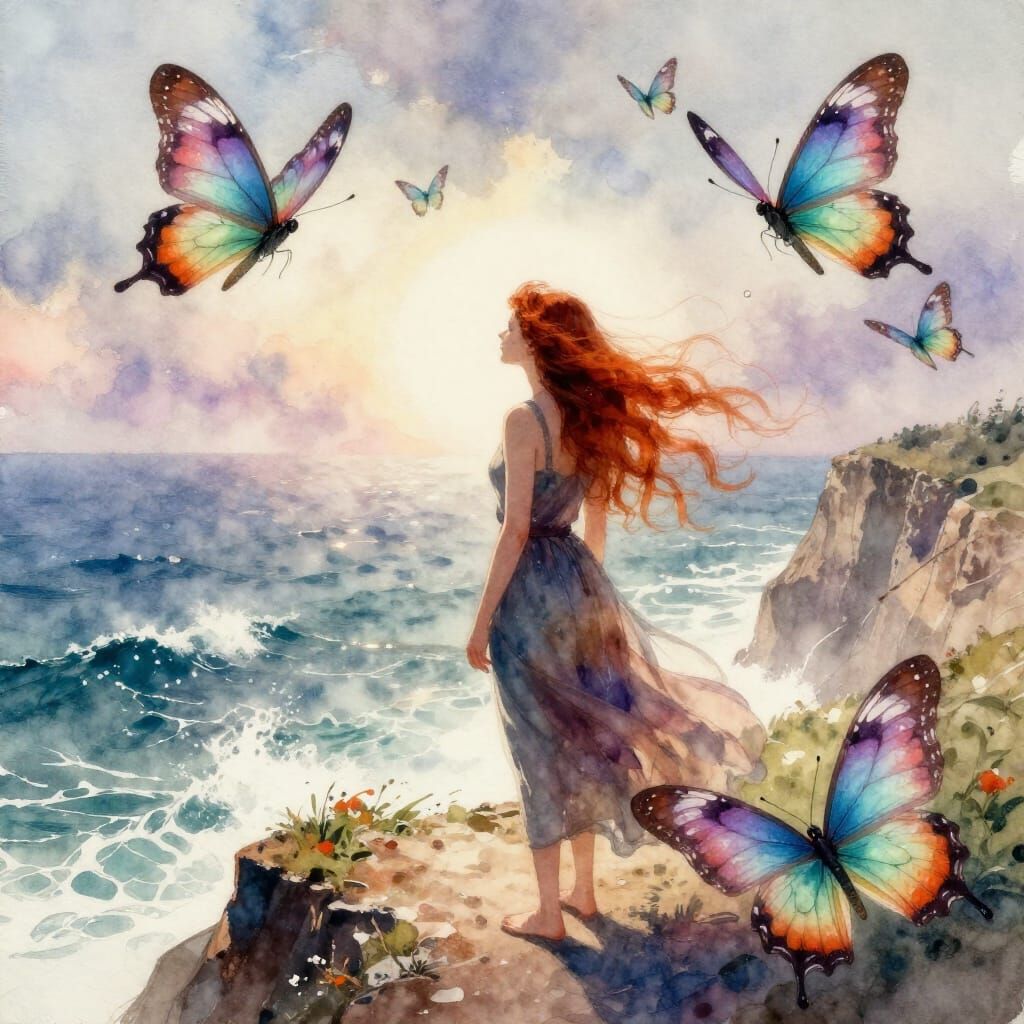 Ethereal Irish Woman with Butterflies on Cliff Overlooking O...