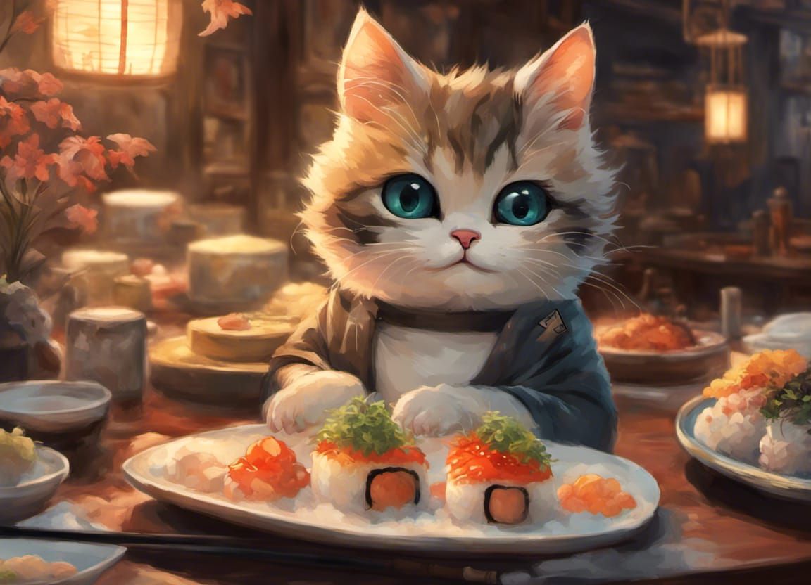 Chibi Cat at Sushi Bar in Detailed 3D Style