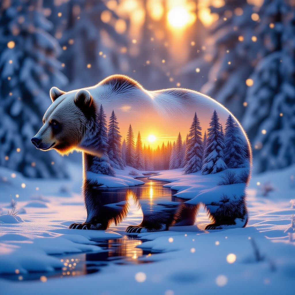 Bear Silhouette Double Exposure with Winter Landscape