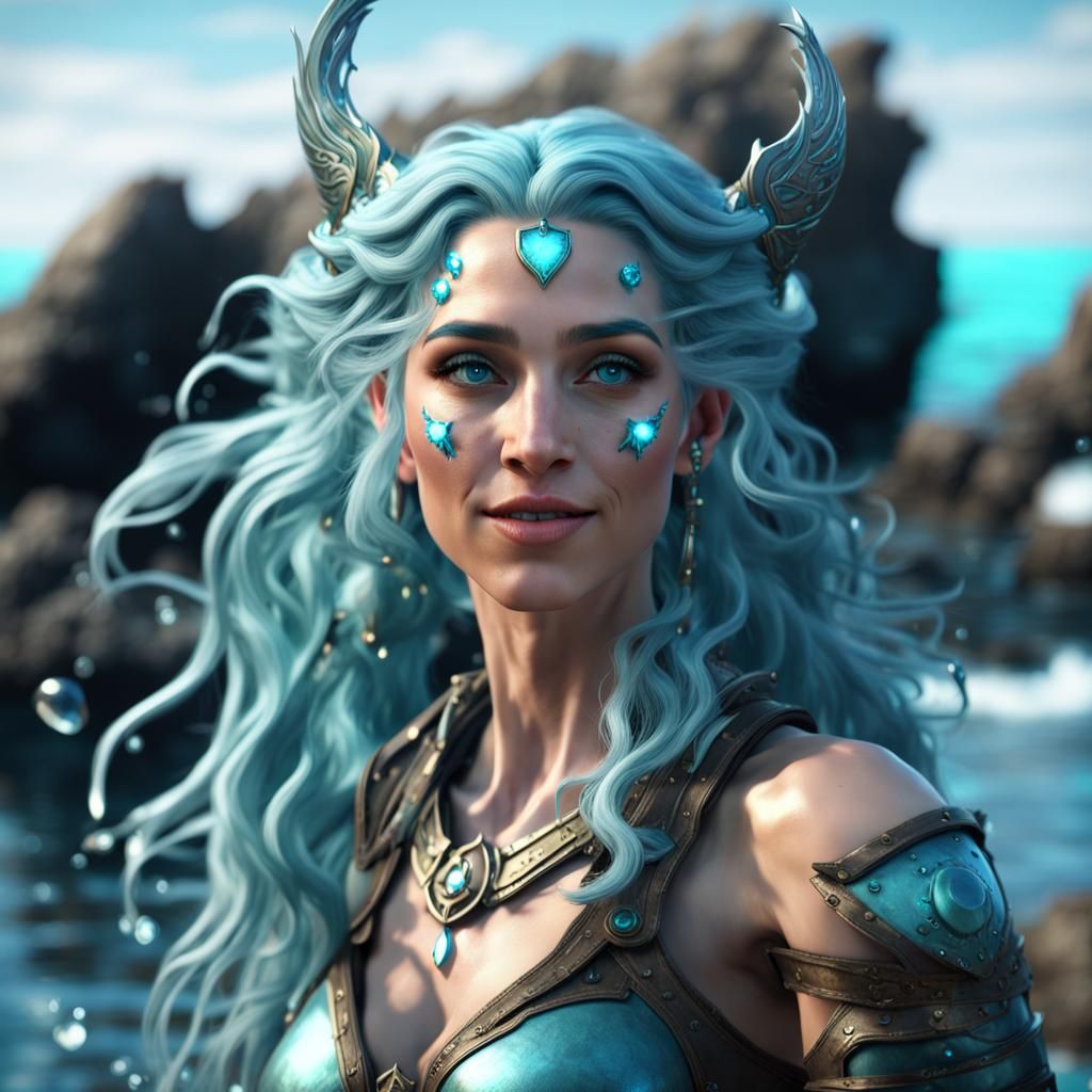 Gorgeous Water Genasi Druid on Rocky Shore