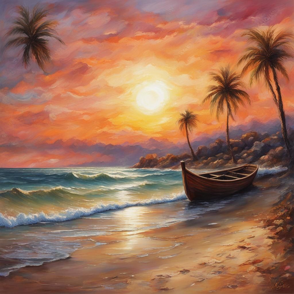 Inverted Sunset Beach Scene in Geometric Abstract Style