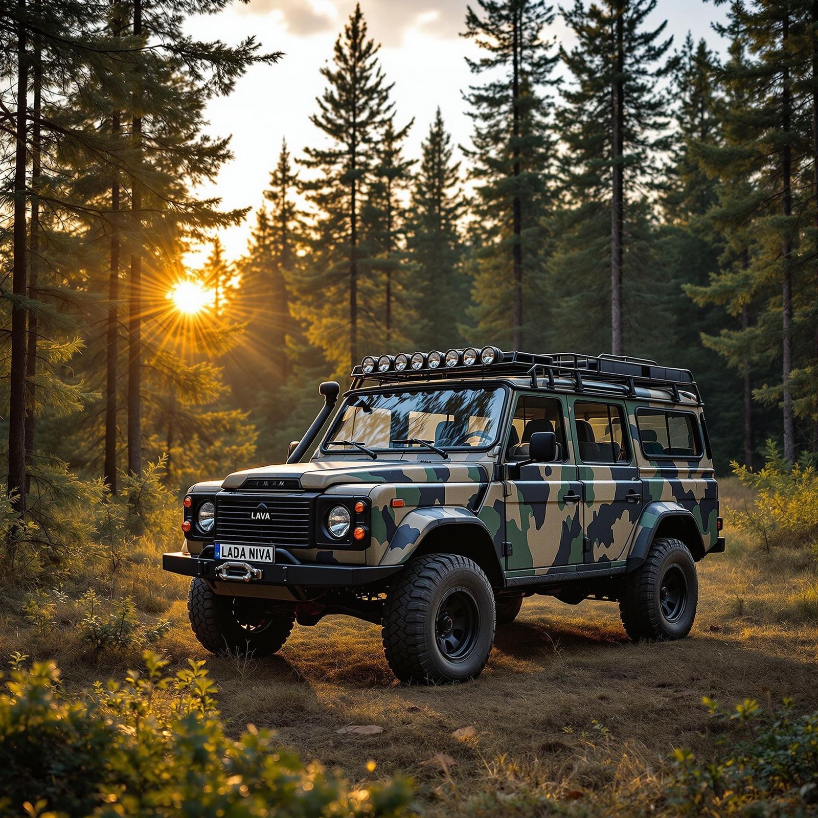 Rugged Off-Road Lada Niva in Camouflage, Set Against a Sunse...