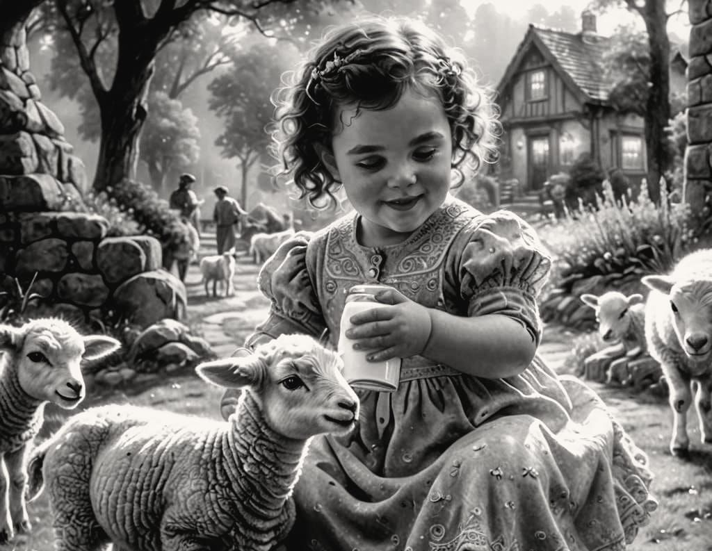 Baby Girl Feeds Lamb: Hyperrealistic Ethereal Fantasy